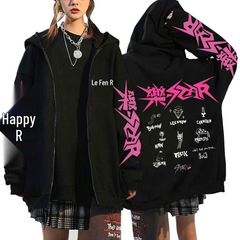Stray Kids K-Pop Star Harajuku Print Loose Zipper Hoodie