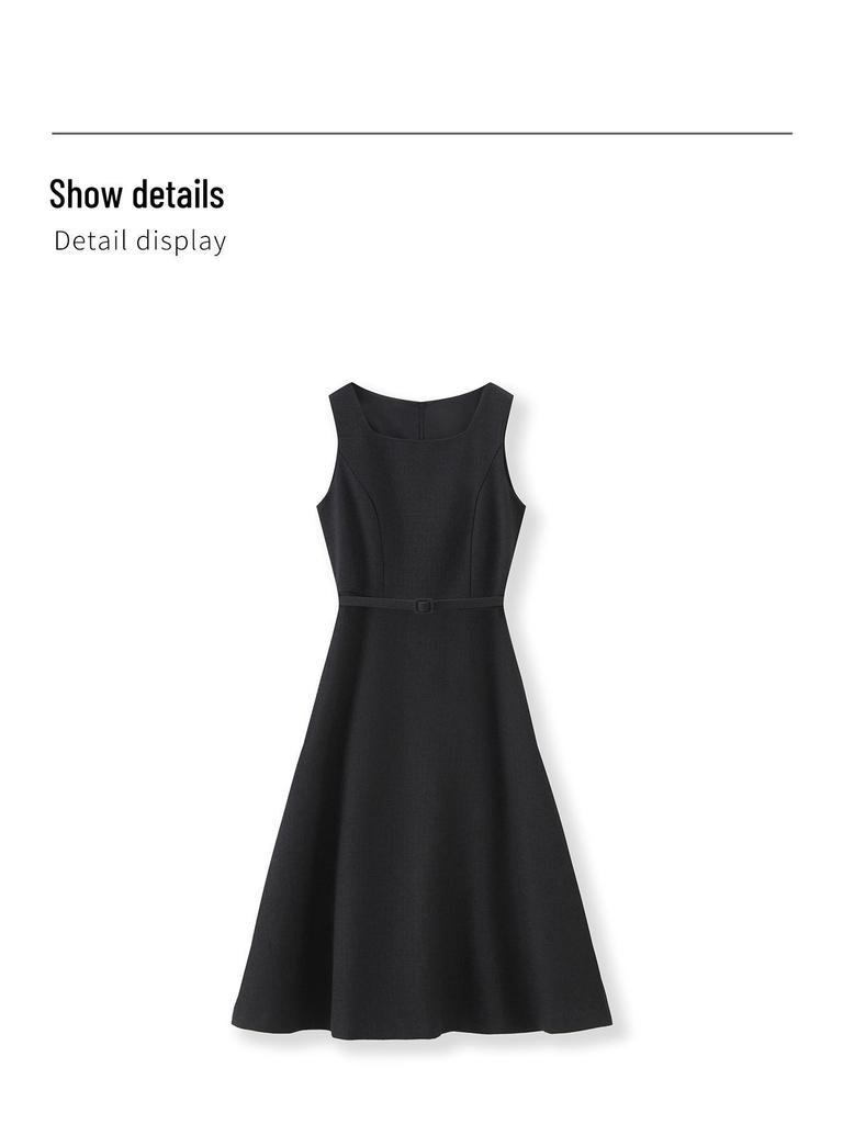 French High-End Square Neck Sleeveless Midi Dress with Waist-Gathering