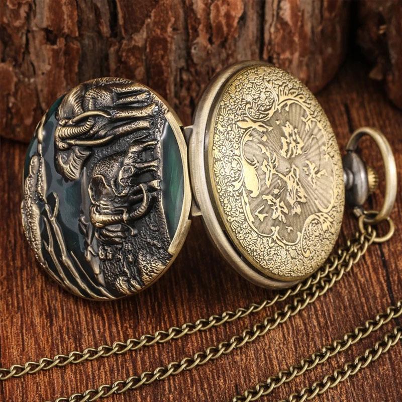 Antique Bronze Crane Elephant Animal Quartz Pocket Watch Analog Clock Round Dial