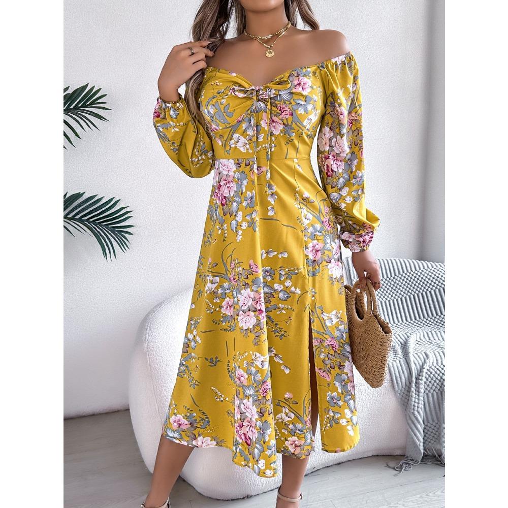 Spring Summer Sexy Tie Knot Floral Long Sleeve Split Dress Women's Dresses Skirt