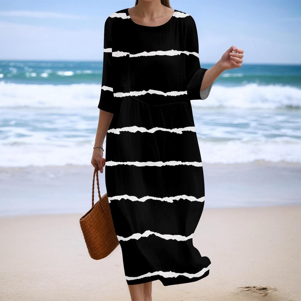 Women's Fashionable Printed Round Neck Seven Quarter Sleeve Loose Dress