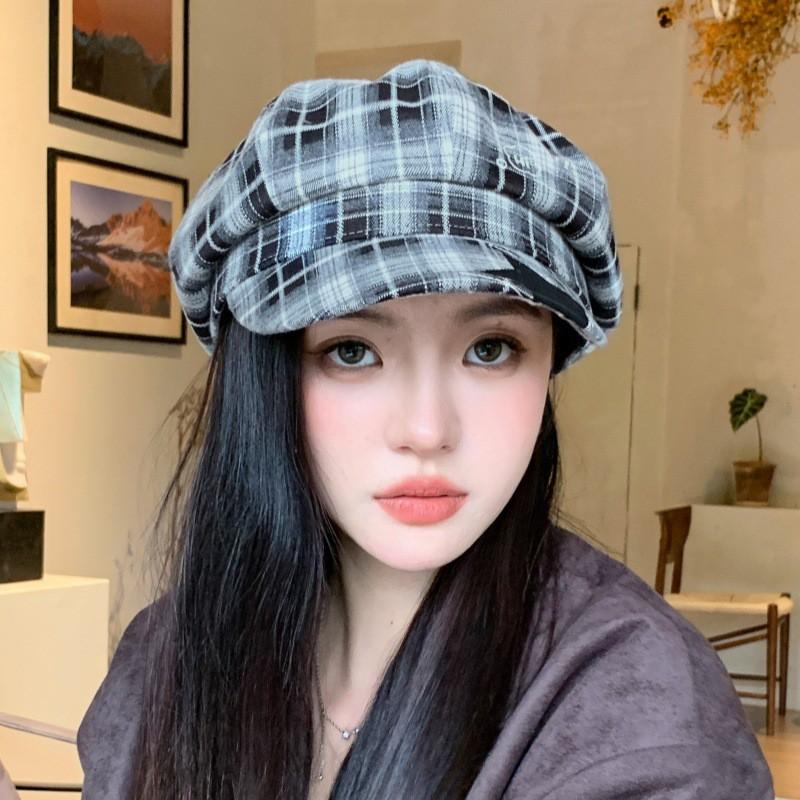 Japanese Style Vintage Plaid Octagonal Beret Hat Women - Wide Brim Sun Protection Cap Adjustable Fit Fashion