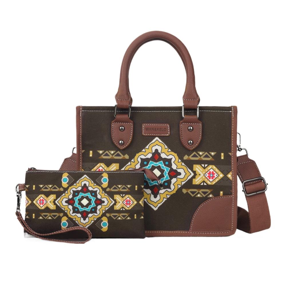 New Ethnic Style Bohemian Women's Bag Sets Retro Canvas Horizontal Square Female Tote Bag Fashion Printing Portable Ladies Messenger Bag with Wallet