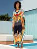 EDOLYNSA 2024 Bohemian Chic Print Plus Größe V-ausschnitt Fledermaus Ärmel Kaftan Frauen Sommer Urlaub Strand Kleid Bademode Cover Up Lose Robe
