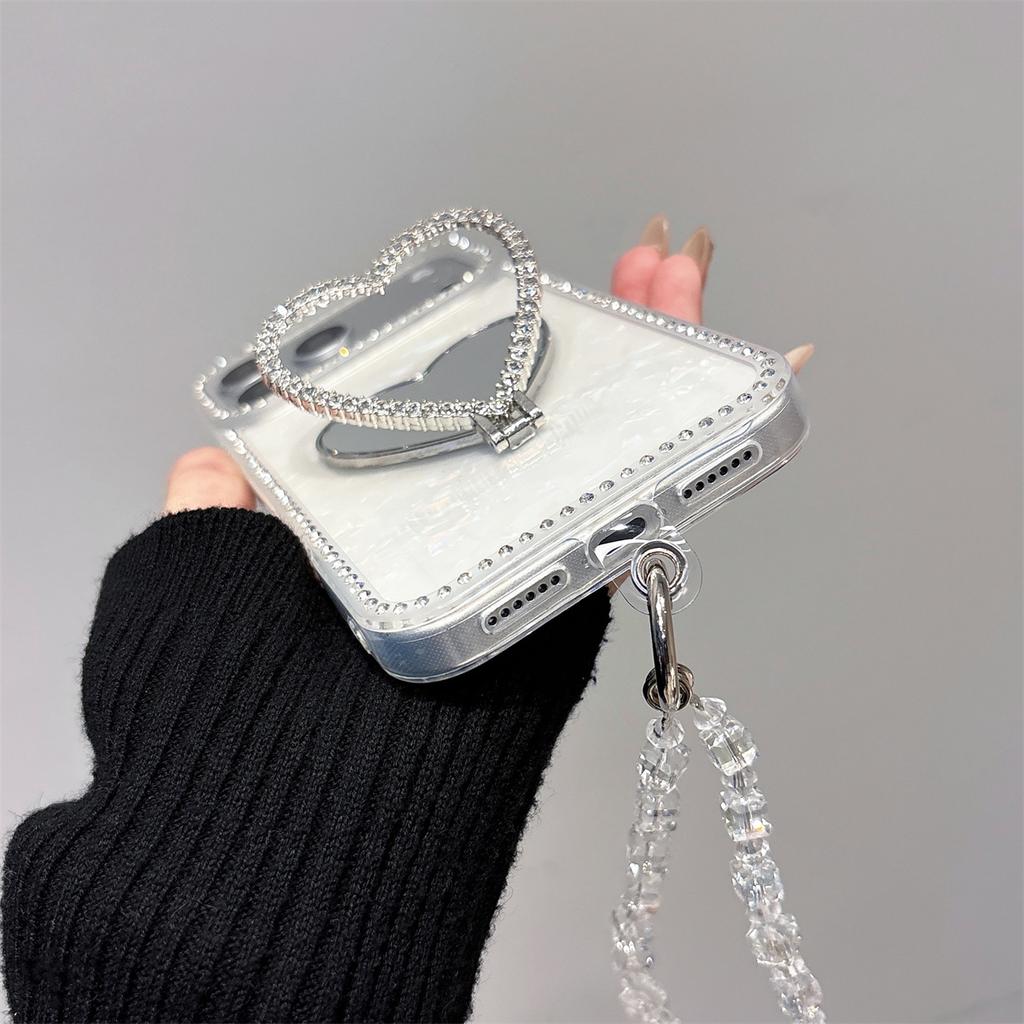 Wrist Strap Love Heart Mirror Diamond Bling Holder Phone Case for IPhone 17 16 15 Plus 14 13 12 11 Pro Max Protective Cover