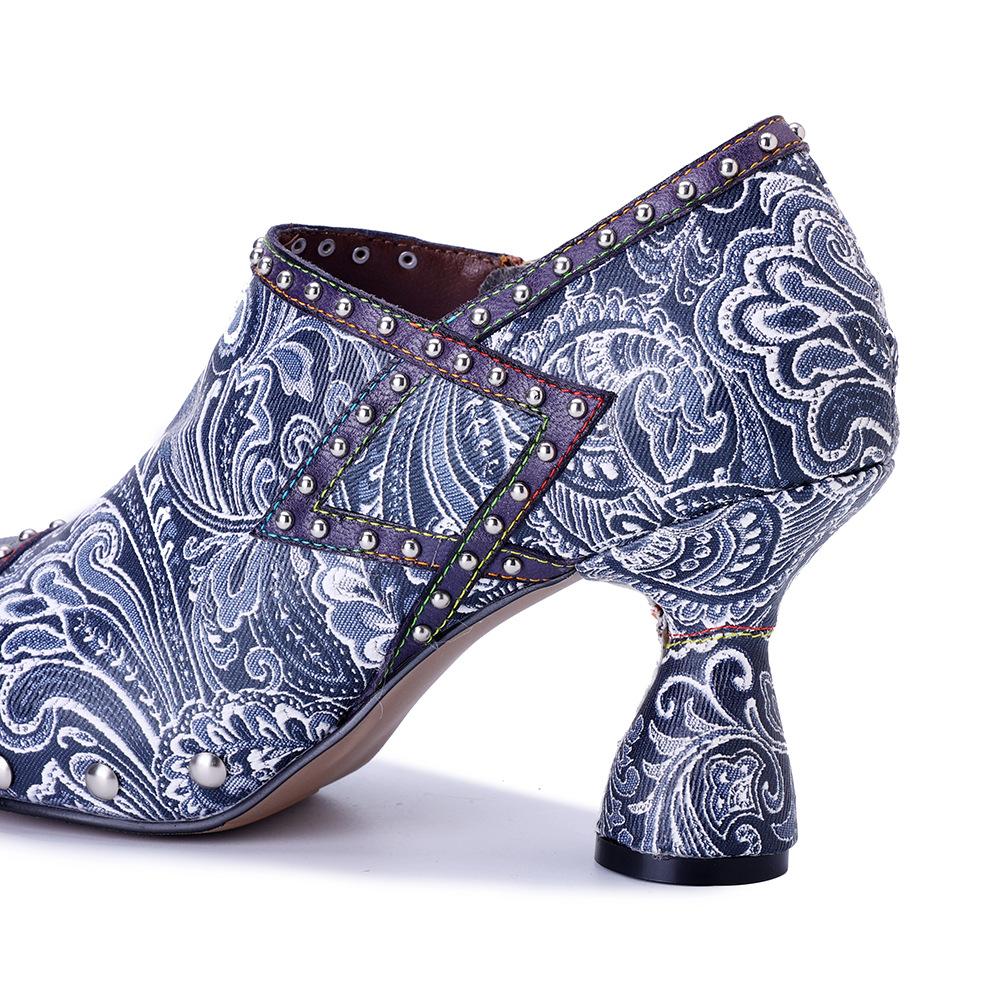 Johnature 2025 Autumn/Winter New Handmade Genuine Leather Splicing Printed Rivet Fashion Women's High Heels