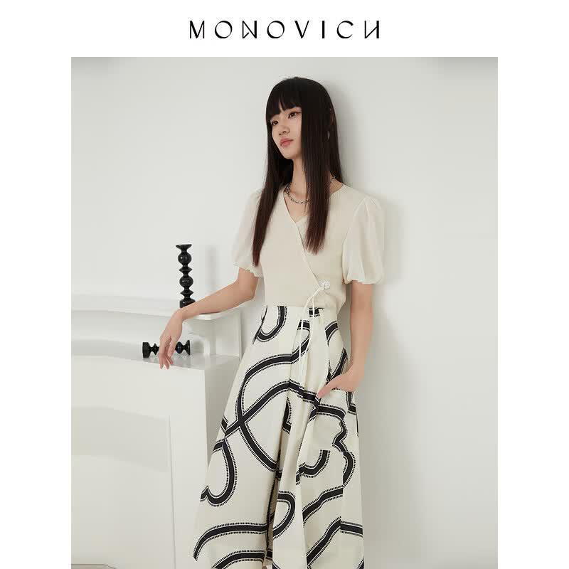 MONOVICH Heart Print High-Waist Pleated Skirt Pants