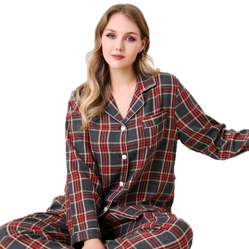 Plus Size Womens Winter Long Sleeve Pajama Set With Gray Red Plaid Comfortable Home Loungewear