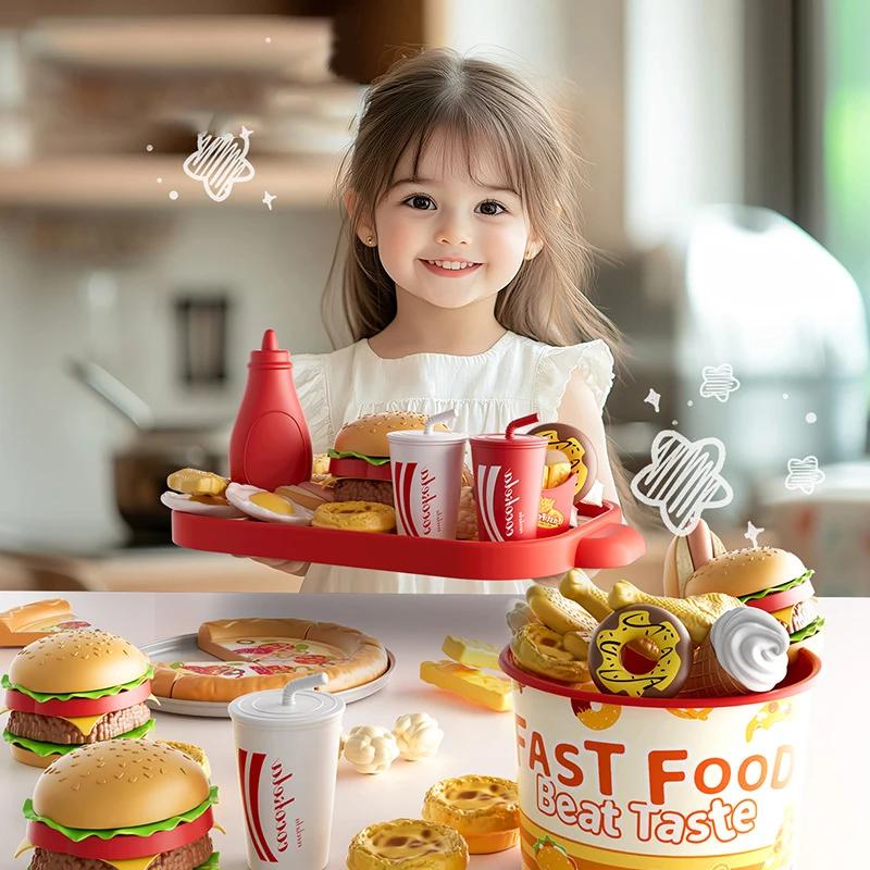 Kinderküchenspielzeug-Set Simulation Hamburger Pizza Pommes Rollenspiel Essen Kochen Schneidespiel Montessori Interaktives Spielzeug Geschenk