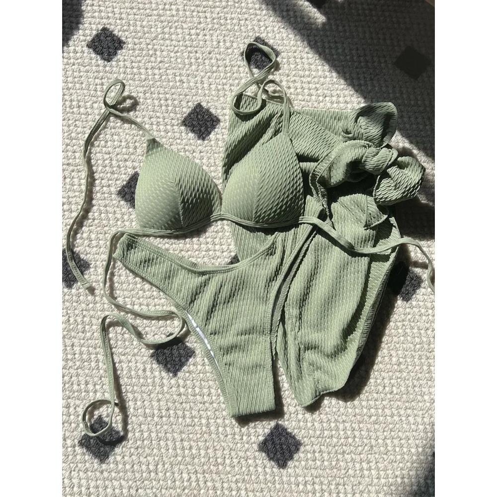 With Beach Sarong Bra Cup Wrinkled Bikini Female Swimsuit Women Swimwear Three-pieces Bikini Set Push Up Bathing Suit Swim Lady