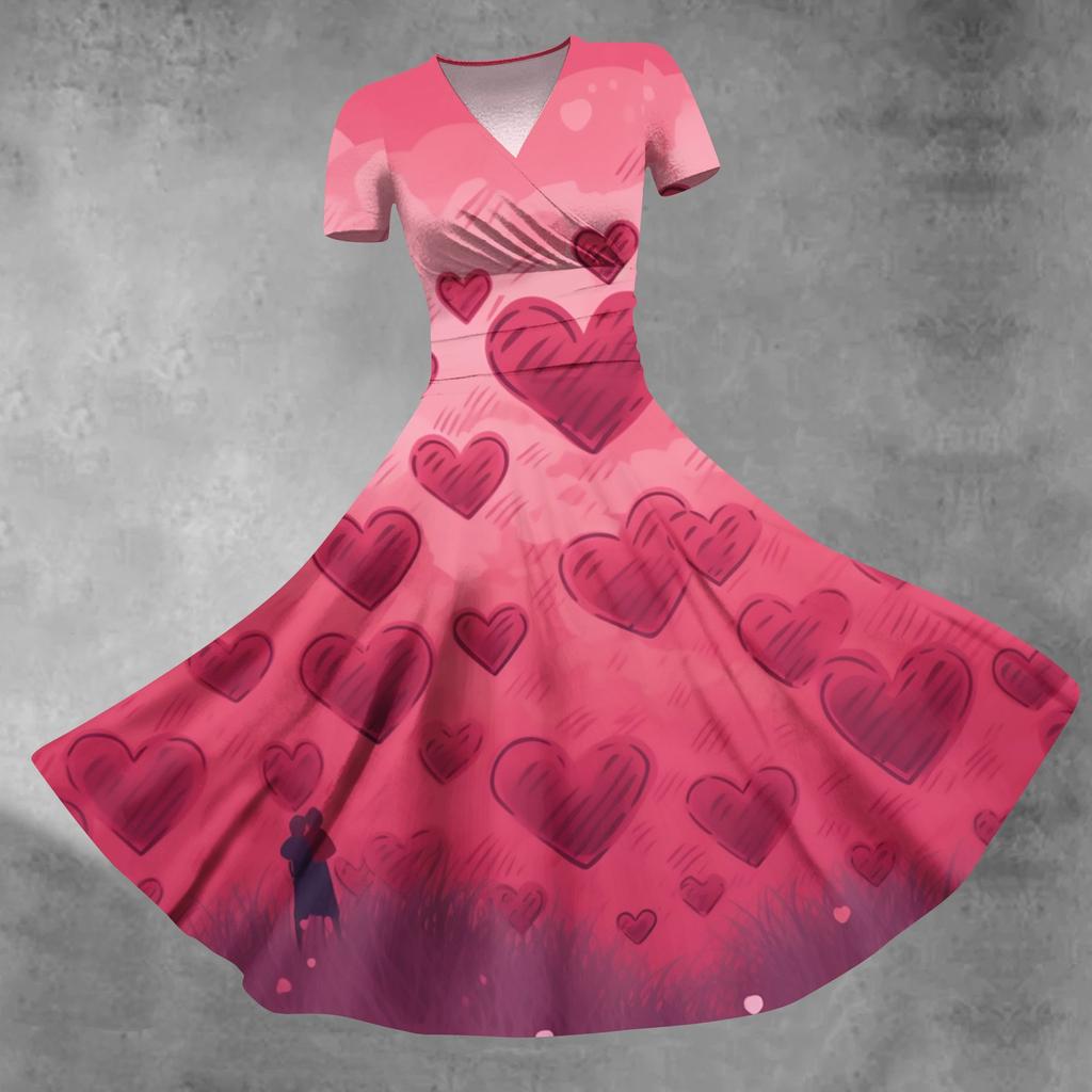 Women's Princess Dress Sexy V-neck Valentine's Day Print Waist Pull Pleated Short Sleeve Dress