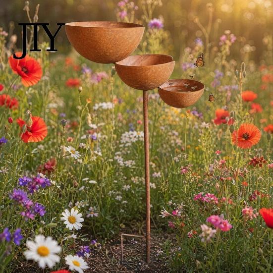 Anti-rust Garden Stake 3 Tiered Cascading Rain Catcher Bird Bath, Metal Water Three-level Waterfall Feeder Bowl Feeder, Outdoor Pollinator Watering