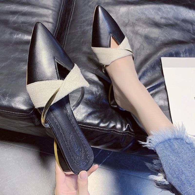 2025 Pointed Toe Sandals Designer Luxury Women Summer Slippers Outer Wear Elegant Single Shoes Plus Size Chaussure Femme