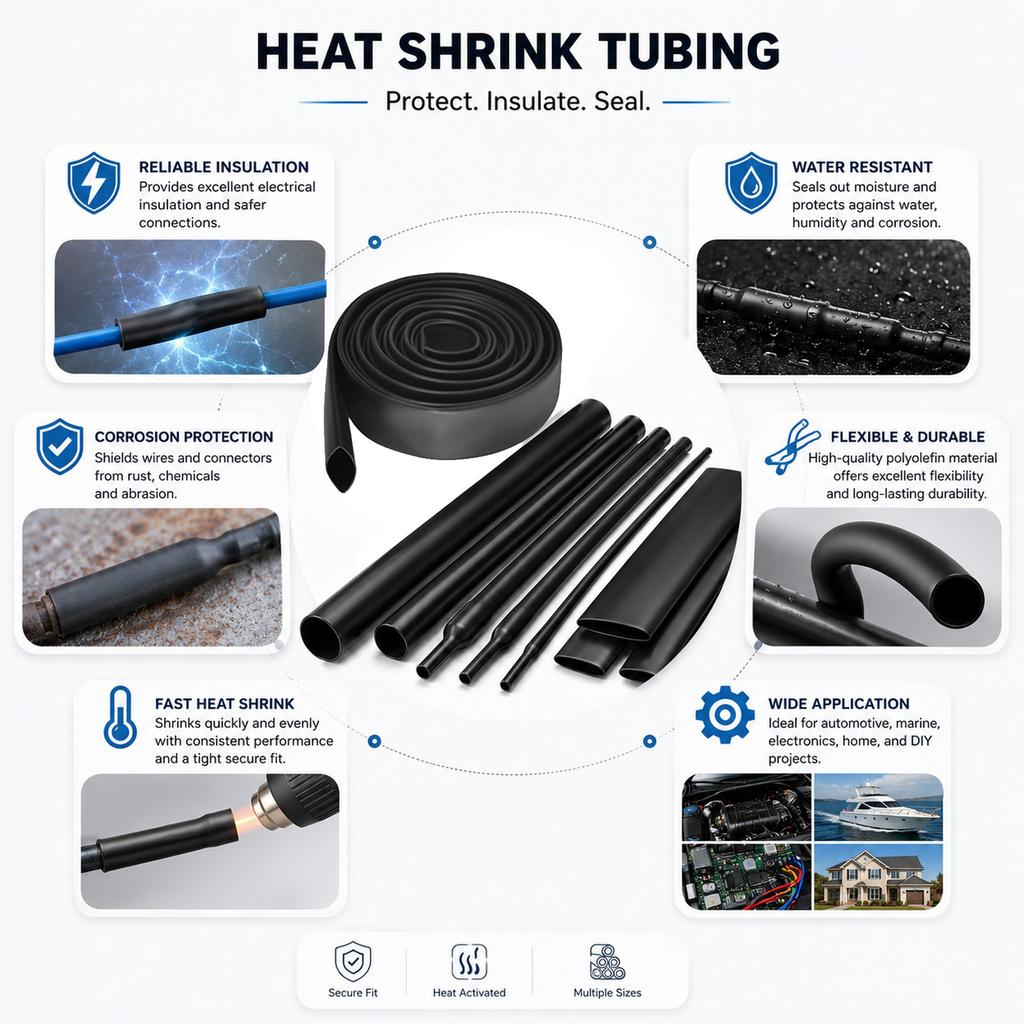 3/10M Black Heat Shrink Wrap Tubing 2:1 1-18mm, Polyolefin Insulation Sleeving for Cable Wire Repair, Splice Protection