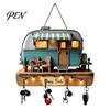 Functional Wall Hanging Key Holder Wooden Rack, Vintage Camping RV Pattern Rack with 4 Hooks, Theme Organizer 2D Farmhouse Mount for Entryway Hallway