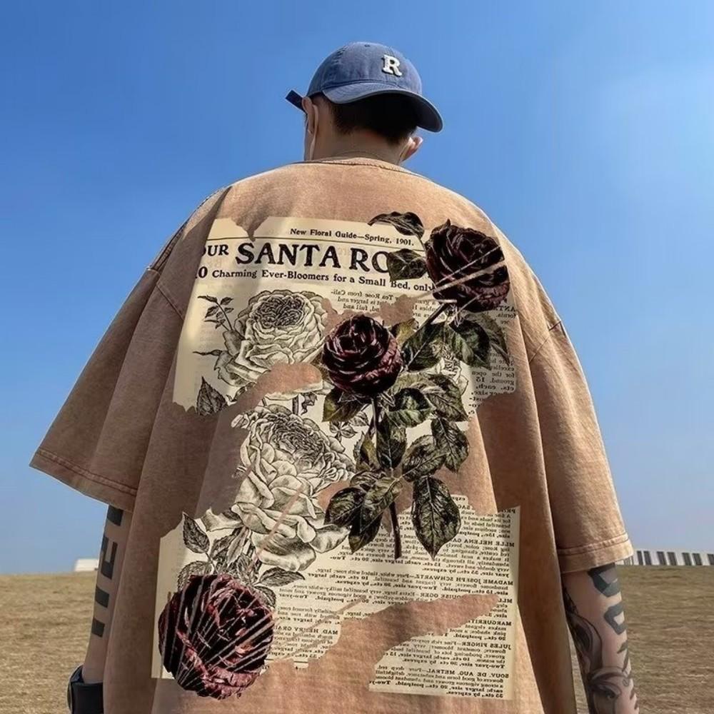 2025 New Fashionable Mens American Newspaper Wine Rose Printed Breathable Round Neck Tshirt Summer Outdoor High Street Top