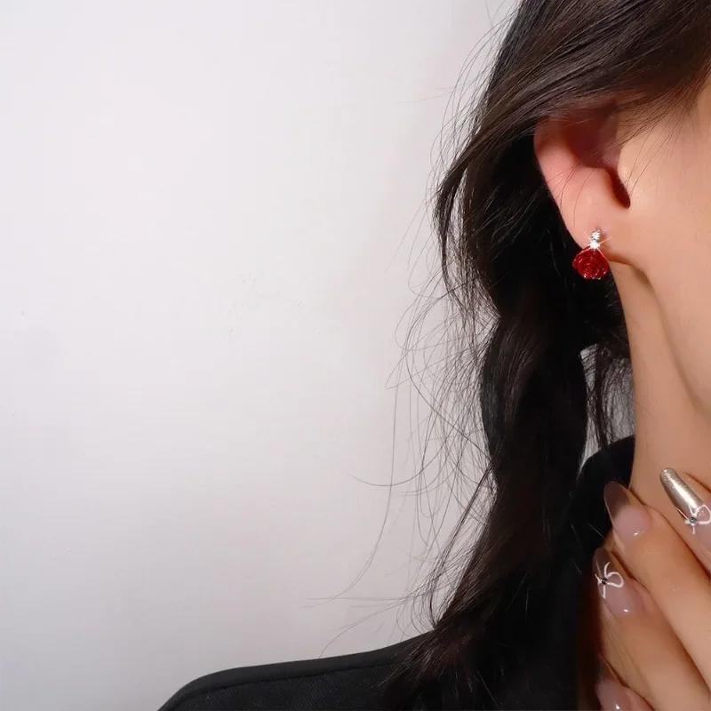 PONYKISS Silver Colorful Rose Cute Plant Stud Earring for Women Minimalist Fine Piercing Screw Bead Accessories