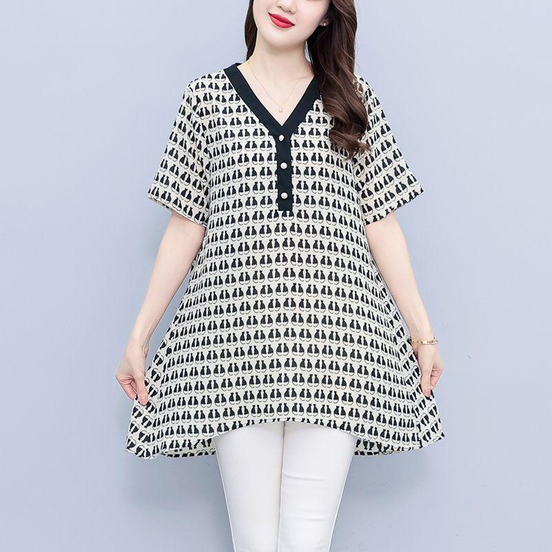 Korean Minimalist New Summer Printing Women's V-neck Button Fashion Versatile Short Sleeve Loose Mid Length Chiffon Shirt Tops