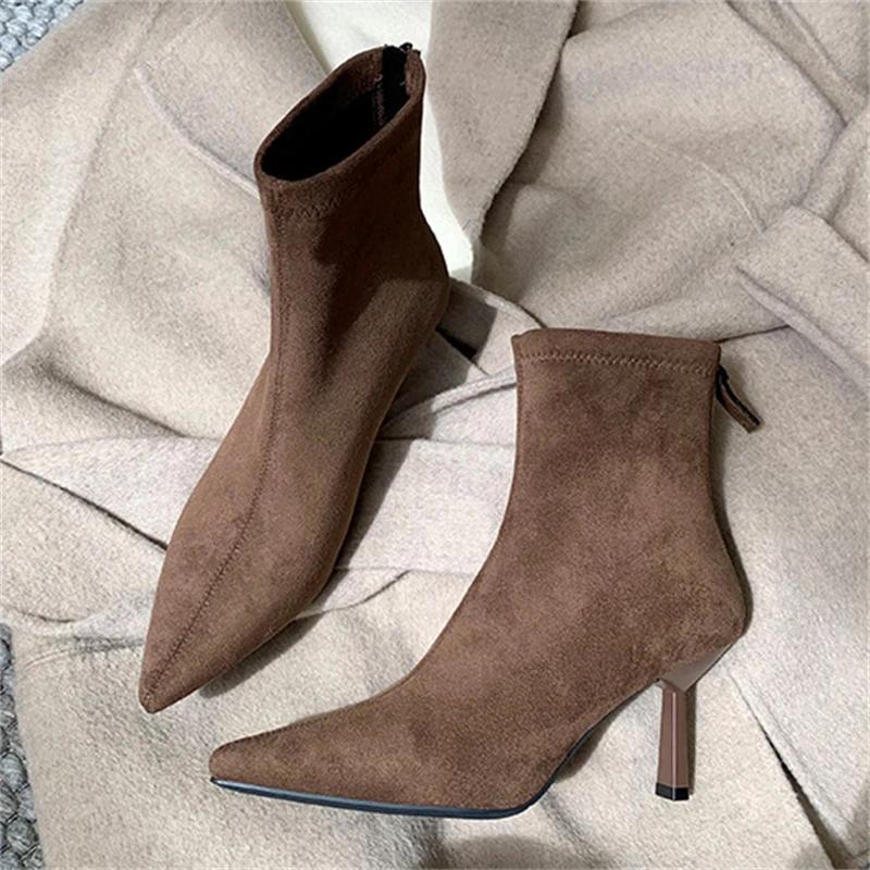 

High Quality Pointed Toe Women Ankle Boots Fashion Zipper Thin Heels Shoes Autumn Winter Chelsea Short Booties 43