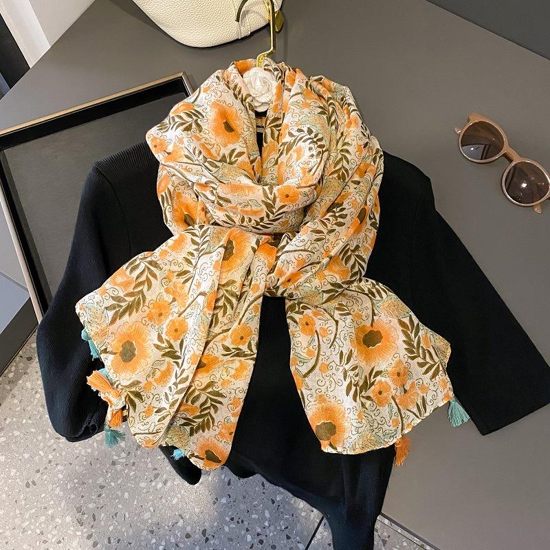 Spain Luxury Fashion Floral Dot Tassel Viscose Shawl Scarf High Quality Wrap Thin Pashmina Stole Bufandas Muslim Hijab 180*90Cm