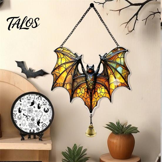 Vintage Window Pendant Halloween 2D Acrylic Decoration with Chain, Bell, Stained Glass Ghost Bat Bell Pumpkin Suncatcher Decor, Wall Hanging Ornament