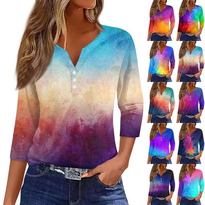 Women's T Shirt Tee Print Button 3/4 SleeveDaily Weekend Fashion Basic V- Neck Regular Top