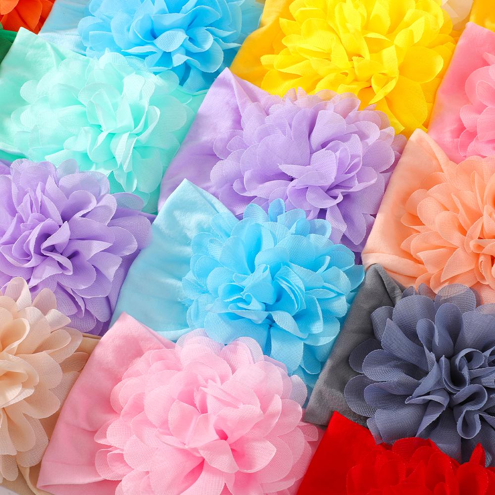 30Pcs Random Baby Soild Color Big Chiffon Flower Headband Children Toddle Wide Turban Elastic Nylon Headwear Hair Accessories