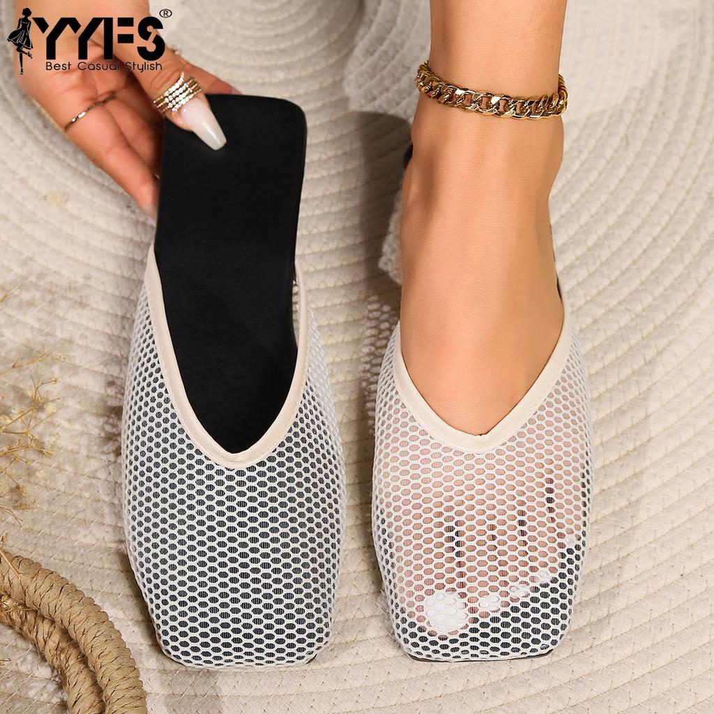 Order One Size Up Summer Women Slippers Sexy Mesh Clogs Indoor Slippers Ladies Square Toe Flat Shoes Outdoor Clogs Beach Sandals Flip Flops 43