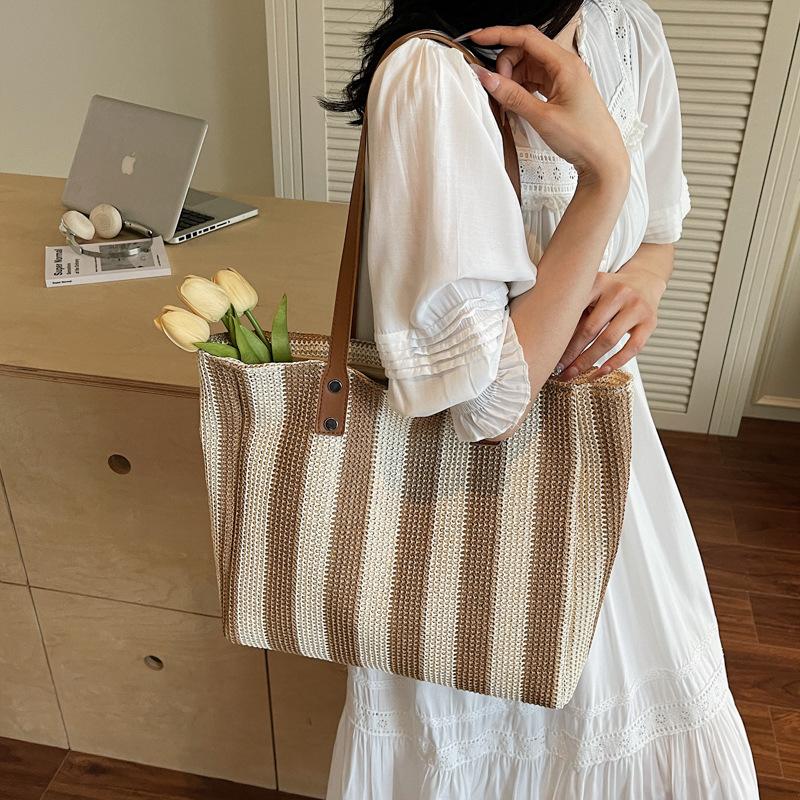 Summer Straw Woven Tote Bag for Women Large Capacity Striped Beach Bag Handmade Knitting Shoulder Bag Casual Vacation Handbag
