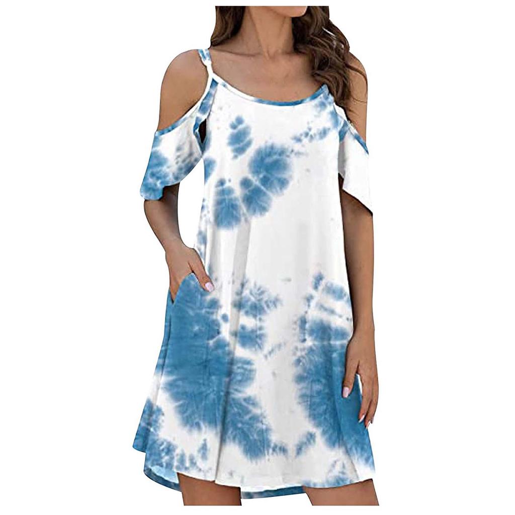 Women Fashion Ruffle Sleeve  Dress Tie-dye  Strapless Dress