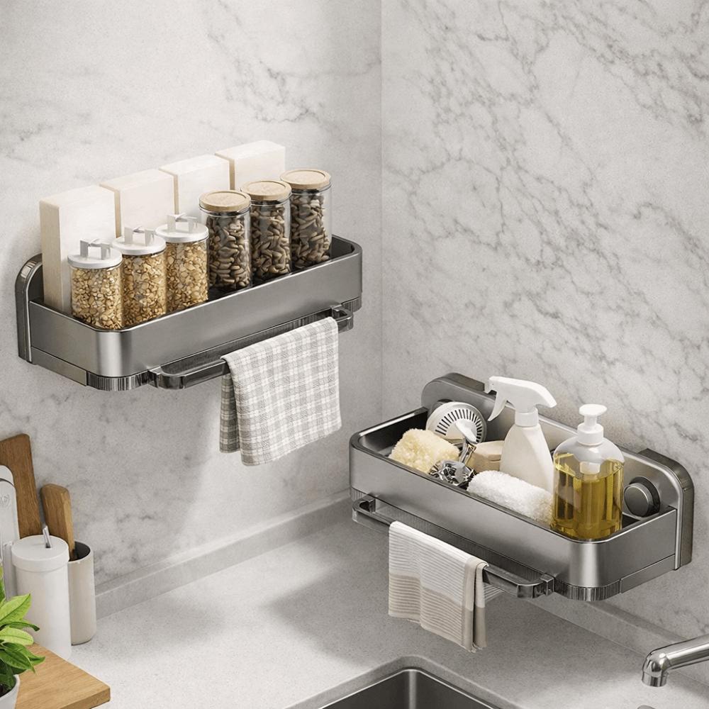 Space Aluminum Suction Cup Sink Drain Rack Wall Mounted Waterproof Sink Sponge Holder with Water Tray Punch Free