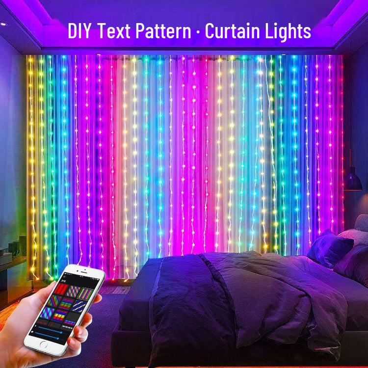 Smart LED String Curtain Lights with App-Controlled Custom Patterns and Text