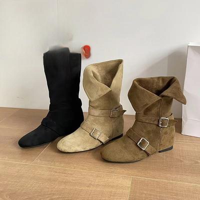 Koreanischer Wildleder-Retro-Small-Square-Head-Zwei-Trage-Falt-Dickabsatz-Gürtelschnalle-Kurzstiefel Damen Herbst- und Winter-Martinstiefel Kurzstiefel