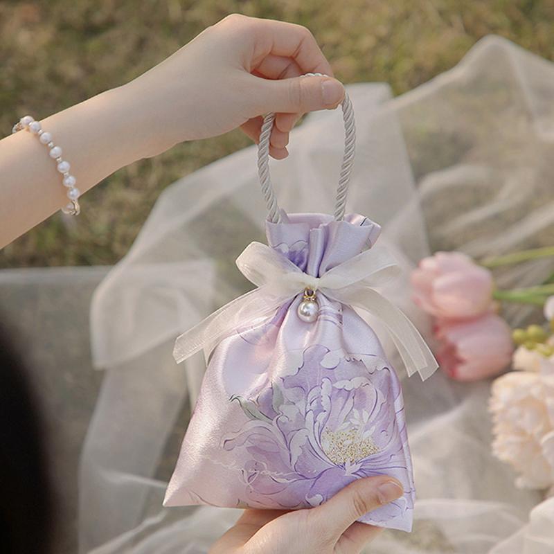 5 Pieces Elegant Floral Drawstring Gift Bags With Pearl Embellishments And Ribbon - Perfect For Weddings, Birthdays, Holidays