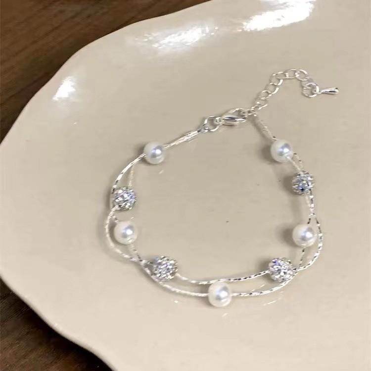 Elegant Doublelayered Silver Pearl Bracelet Chic Minimalist Titanium Steel Jewelry Women For