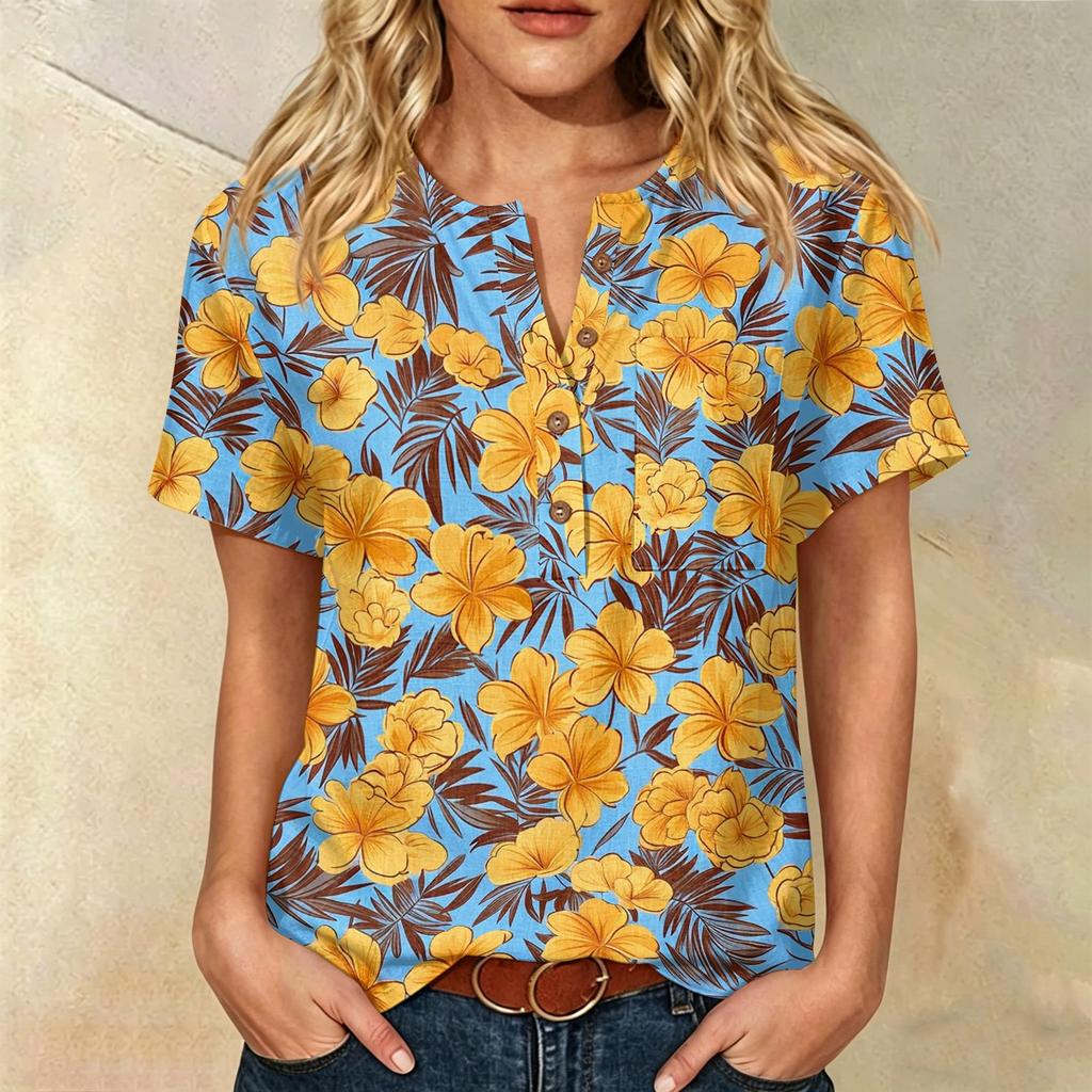 Damen Kurzarm Henley-Hemd mit Brusttasche Leichte Baumwoll-Leinen-Mischung Tropischer Print Lässiges Sommeroberteil