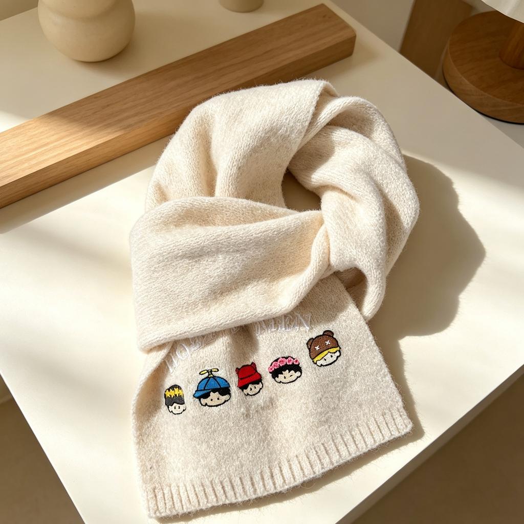 Korean-style Embroidered Cartoon Scarf Cute Design Thickened Knit Scarf, Versatile Popular Couple Neck Warmer