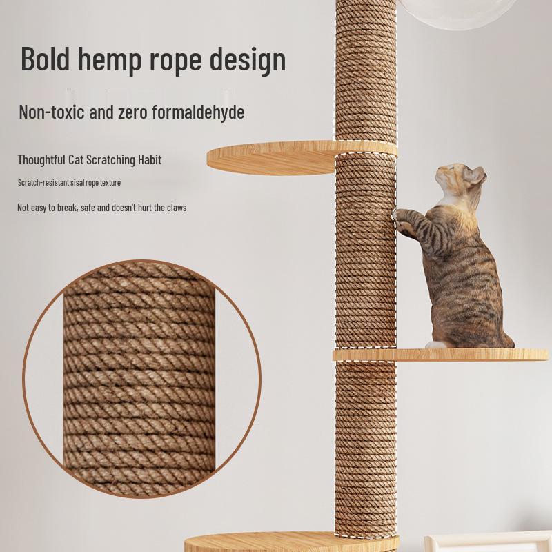 Boden-bis-Decke Katzenkratzbaum mit Raumkapsel & Kratzstamm, Massivholz, Vier Etagen, Katzenkletterspielzeug