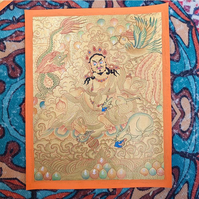 Hand-Painted Nepalese Buddha Thangka: Manjushri, Yellow Jambhala, Thousand-Armed Avalokiteshvara, Mahakala, Zhakilaamu Wall Hanging