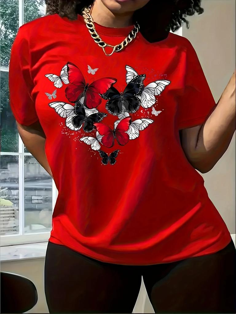 Casual Vibrant Red with Regular Versatile Stylish Womens Red Short Sleeve Elegant Butterfly Print Round Neck