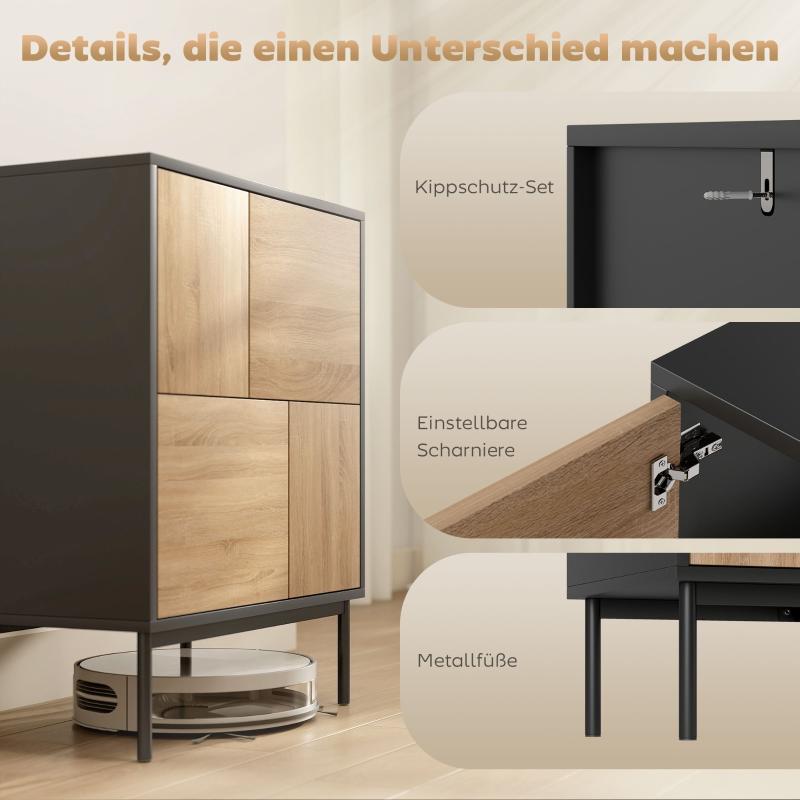 Sideboard with Push-to-open Doors. Dining Room Cabinet with Metal Legs. Kitchen Cabinet. MDF. Black + Natural Wood