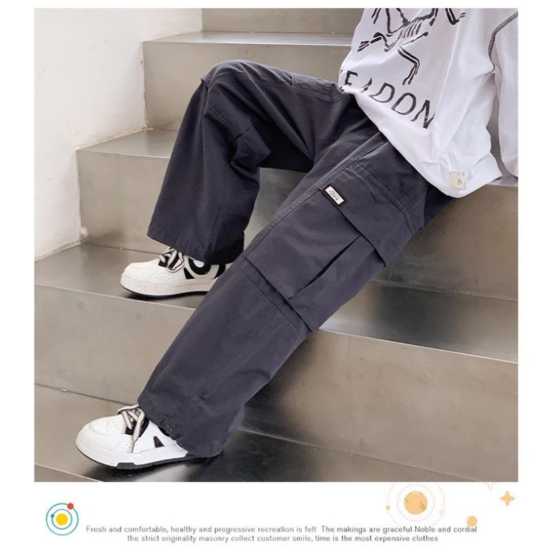 Boys Solid Color Cotton Casual Cargo Pants Spring Autumn Loose Long Trousers For Big Kids