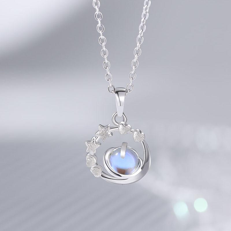 Fresh Japanese Korean Style Pluto Star Moonstone Pendant Clavicle Necklace For Women