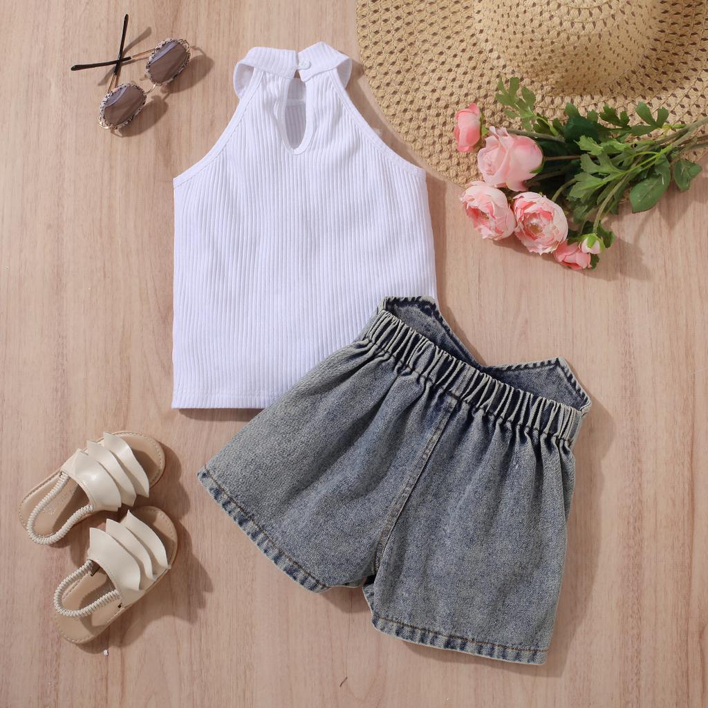 Girls' Fashion Set: Summer Children's Solid Color Sleeveless Off-the-shoulder Pullover, Ripped Denim Shorts Two-piece Set