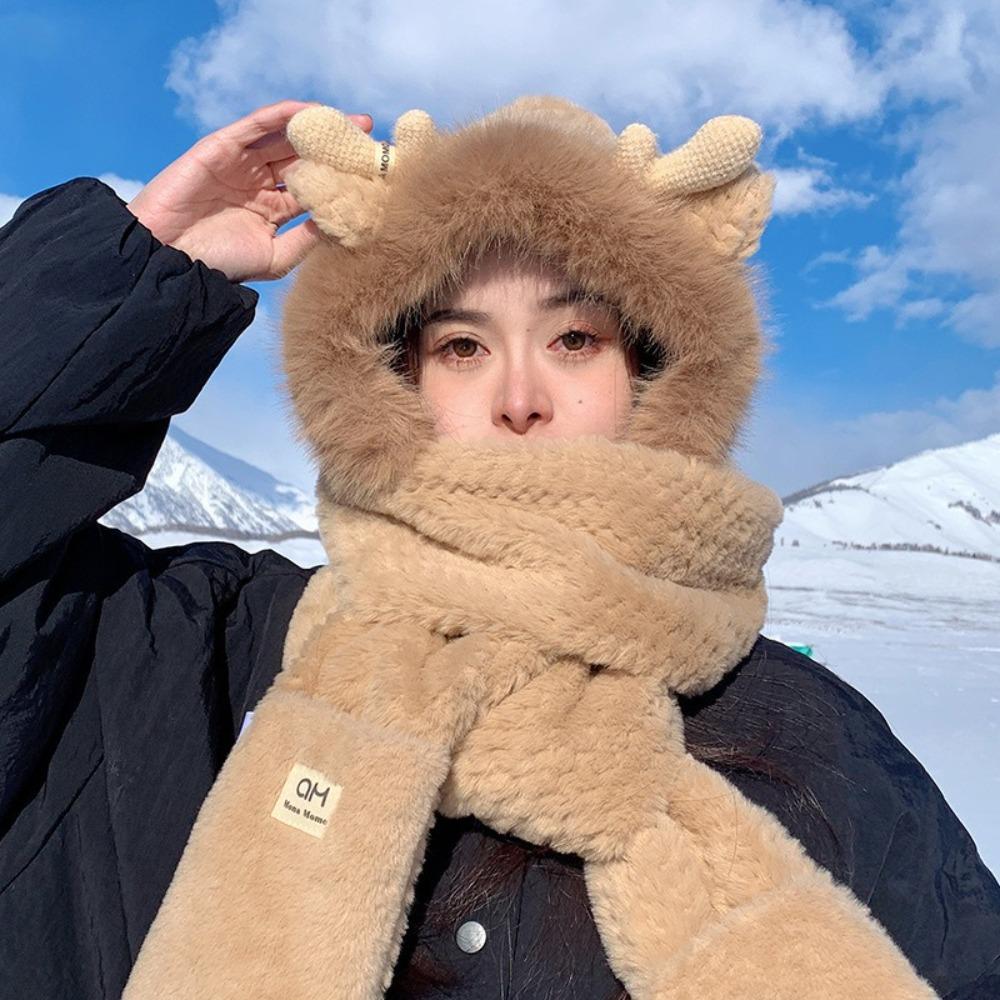 Ear Protection Bear Deer Ears Hat Soft Plush Integrated Cap Scarf Cartoon Winter Hat  Women
