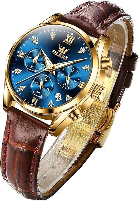 

OLEVS Watch with Leather Japanese Quartz Diamond Luminous Easy to 30M Water Gift for Gold Blue Women s Strap, Movement, Dial, Display, Read,