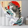 Japanese Cat Shower Curtain, Vintage Anime Sunset Wave Art, Waterproof Fabric With Hooks