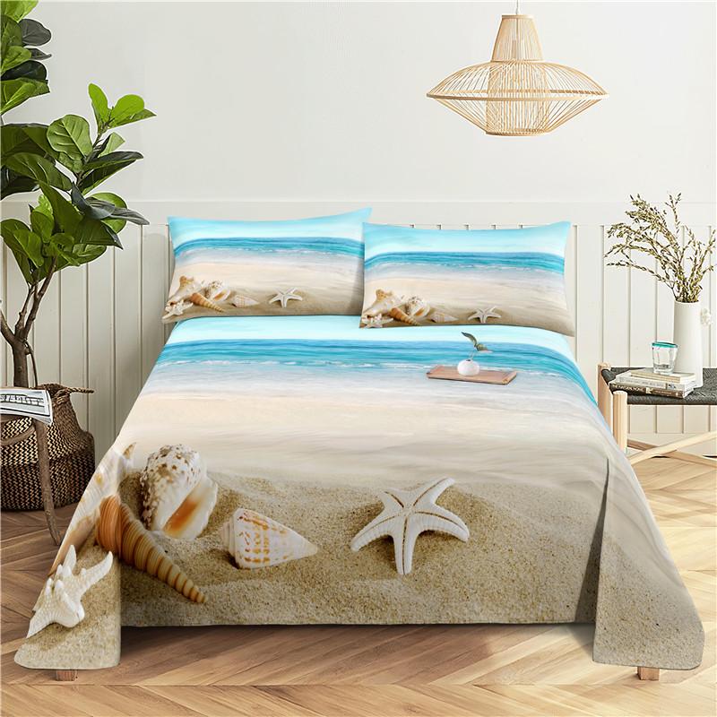 Seaside Scenery 0.9/1.2/1.5/1.8/2.0m Digital Printing Sturdy Polyester Bed Flat Sheet With Pillowcase Print Pattern Bed Ensemble
