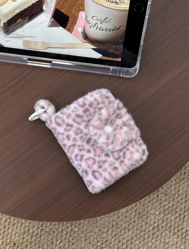 Pink Leopard Print Plush Bag: Cute Portable Earphone Case & Coin Purse for Autumn/Winter