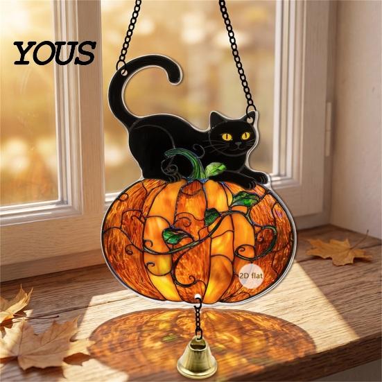 Acrylic Decoration with Bell Halloween 2D Chain, Bell, Stained Glass Ghost Bat Spooky Home Decorations Pumpkin Suncatcher Decor, Window Wall